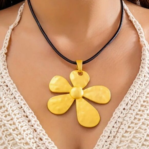 Bohemian Retro 22k Gold Plated Five-Petal Flower Black Waxed Cord Necklace - Picture 2 of 4